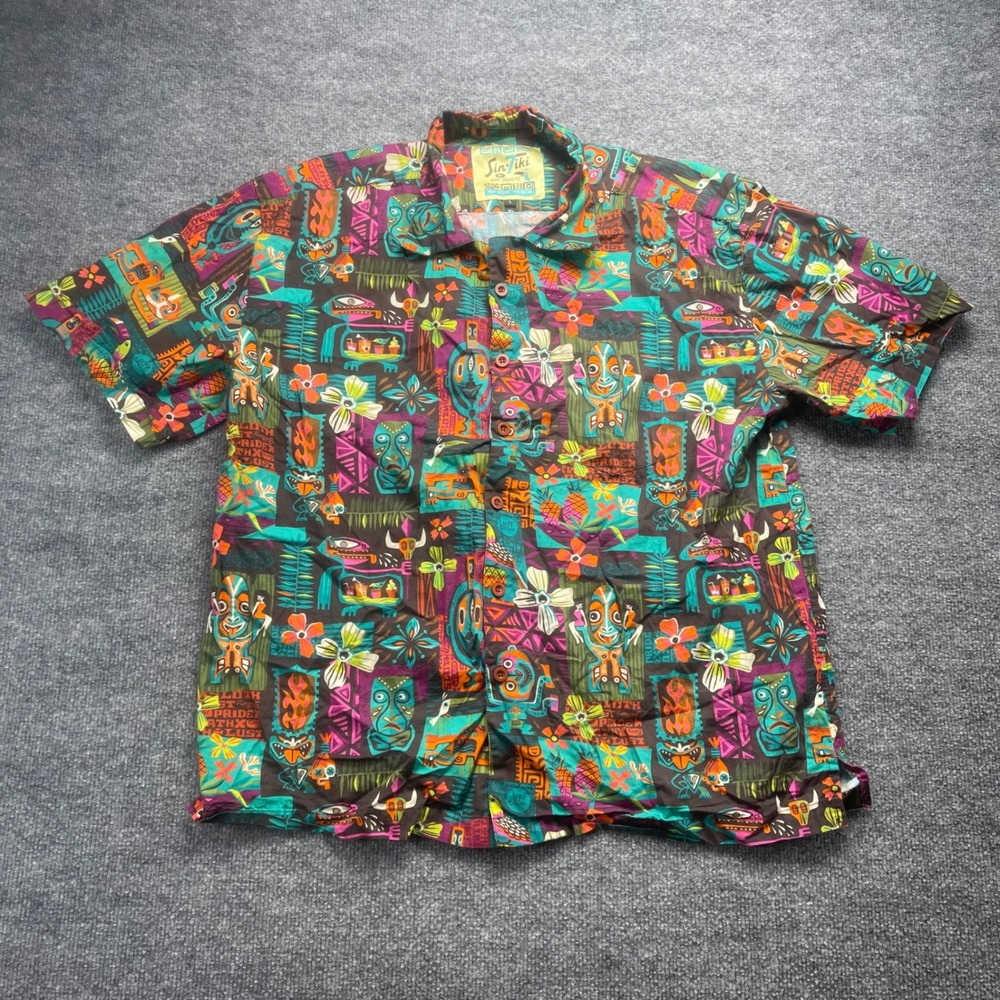 Jeff Granito Sin Tiki Mens Large Short Sleeve Button Up Shirt Tropical Tiki Mask